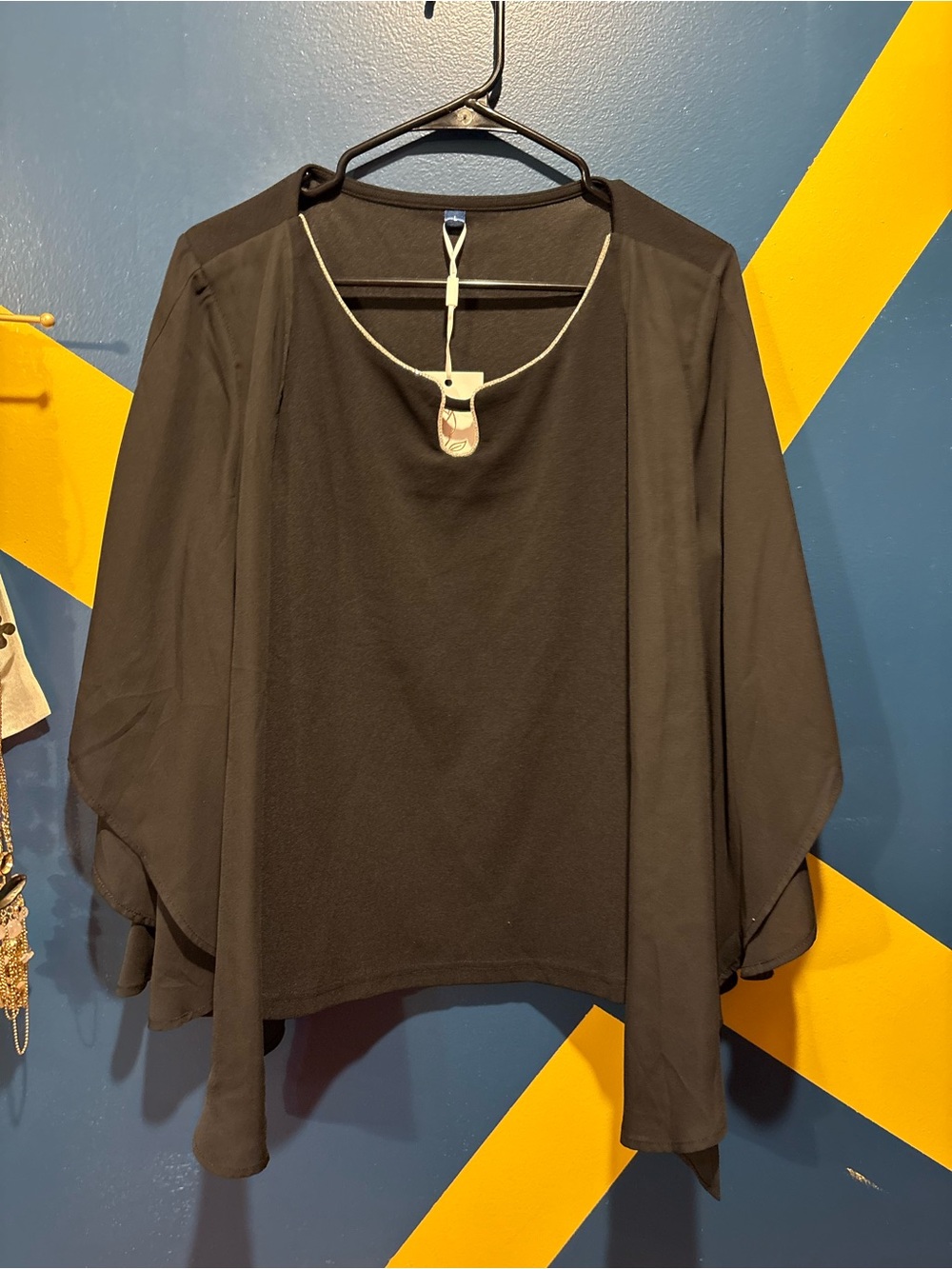Amazon Black Bell Sleeve Rhinestone Trim Blouse NWT